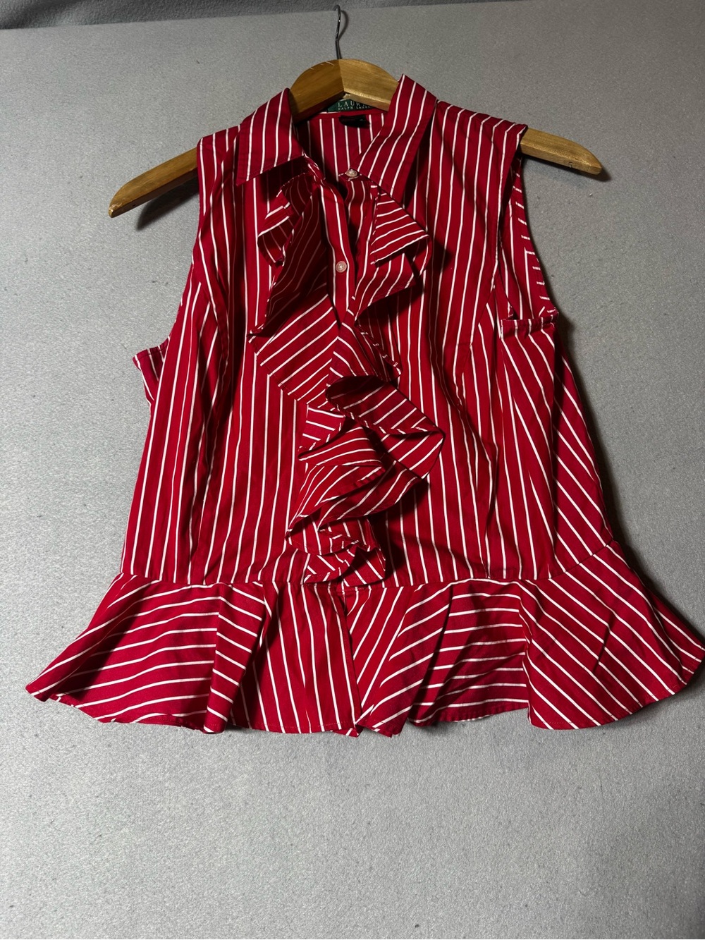 Ralph Lauren Red and White Striped Ruffle Peplum Blouse